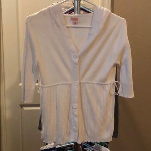 3/4 sleeved cream button front hooded cardigan